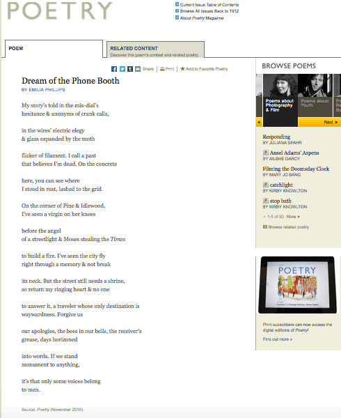 Dream of the Phone Booth by Emilia Phillips, Poetry Magazine, November 2015 #poetry #emiliaphillips