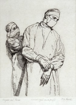 A nurse and a surgeon, both wearing gown and mask. Etching by H.A. Freeth.  (This file comes from Wellcome Images, a website operated by Wellcome Trust, a global charitable foundation based in the United Kingdom.)